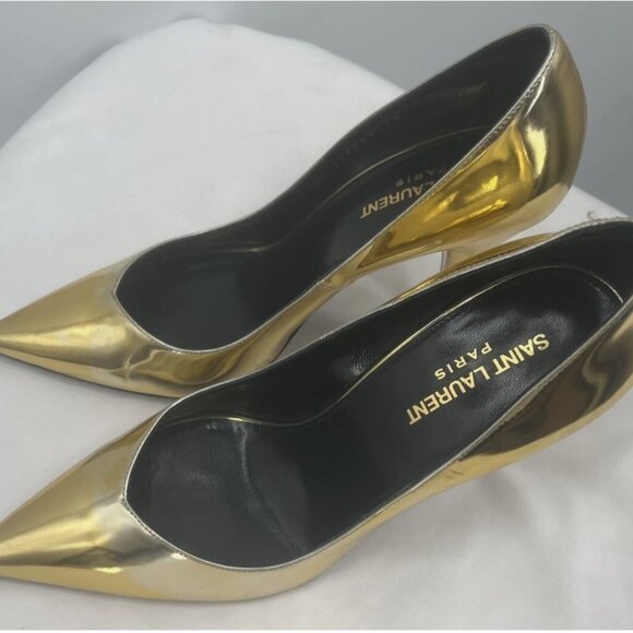 Saint Laurent Paris Kiki Gold Patent Leather Women Pointed ToHeels Shoes Size 39 - Picture 4 of 12